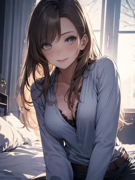 ４ｋ  quality, 最高  quality, Misaka_Mikoto,       frames,      long_hair,          small_  chest,）       on the bed　        very fine and beautiful 　１６age　     smile　sexy pose 　 Enchantment