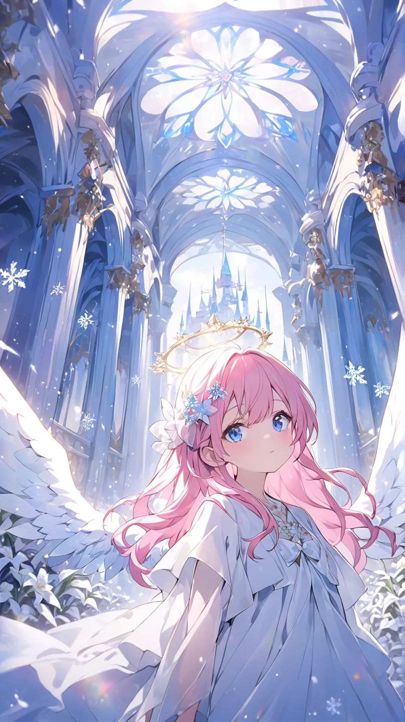 1 girl, Angel、 Snowflakes、palace、Lily flower、Blue Eyes, pink hair、Angelの羽、Angelの輪、Accessory, Wide angleショット, Wide angle, Dutch Angle, glitter effect, blurred background, lens flare, 