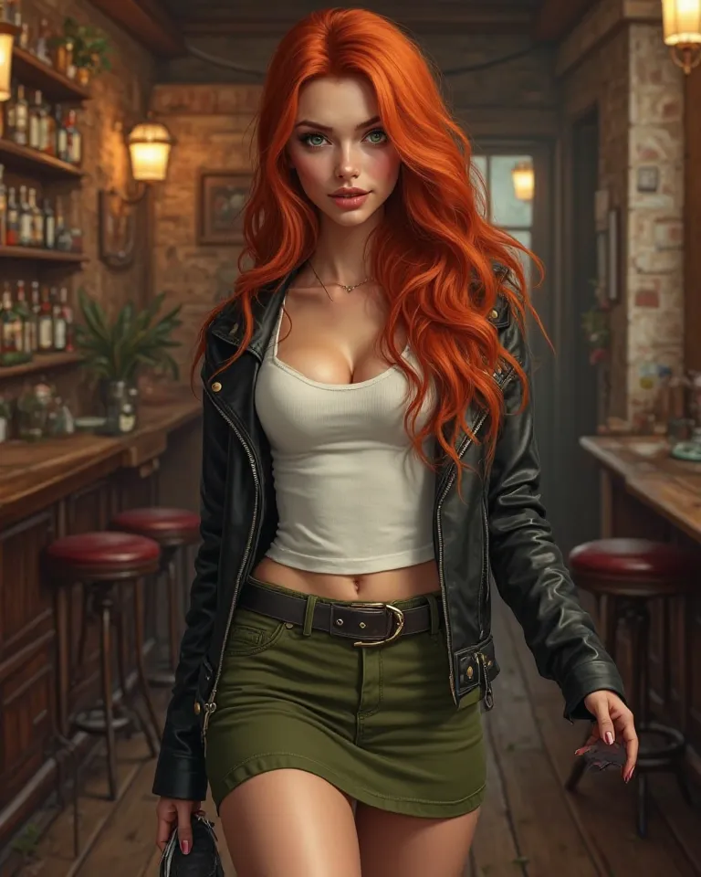 Pretty red-haired girl with green eyes. hourglass body, curvilinear and flat abdomen. She has long straight hair. has a septum in his nose. She is wearing a short olive green skirt that is tight to the body, black buccaneer boots and a white fitted blouse ...