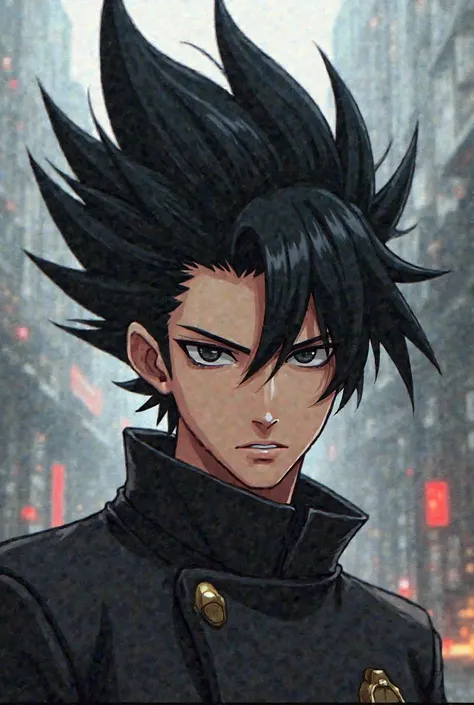 Anime character male
Black hair spiky hair style side cut 
