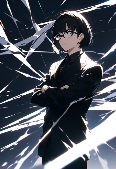 Ultra High Definition, Hi-Res, Hi-Res, Highest quality,  handsome　illustrations,  male　Glasses,　 expressionless, white background,  black suit, put on glasses, A man who seems serious, Stand with good posture, bob cut, short hair, Glaring bangs, Alone, adj...