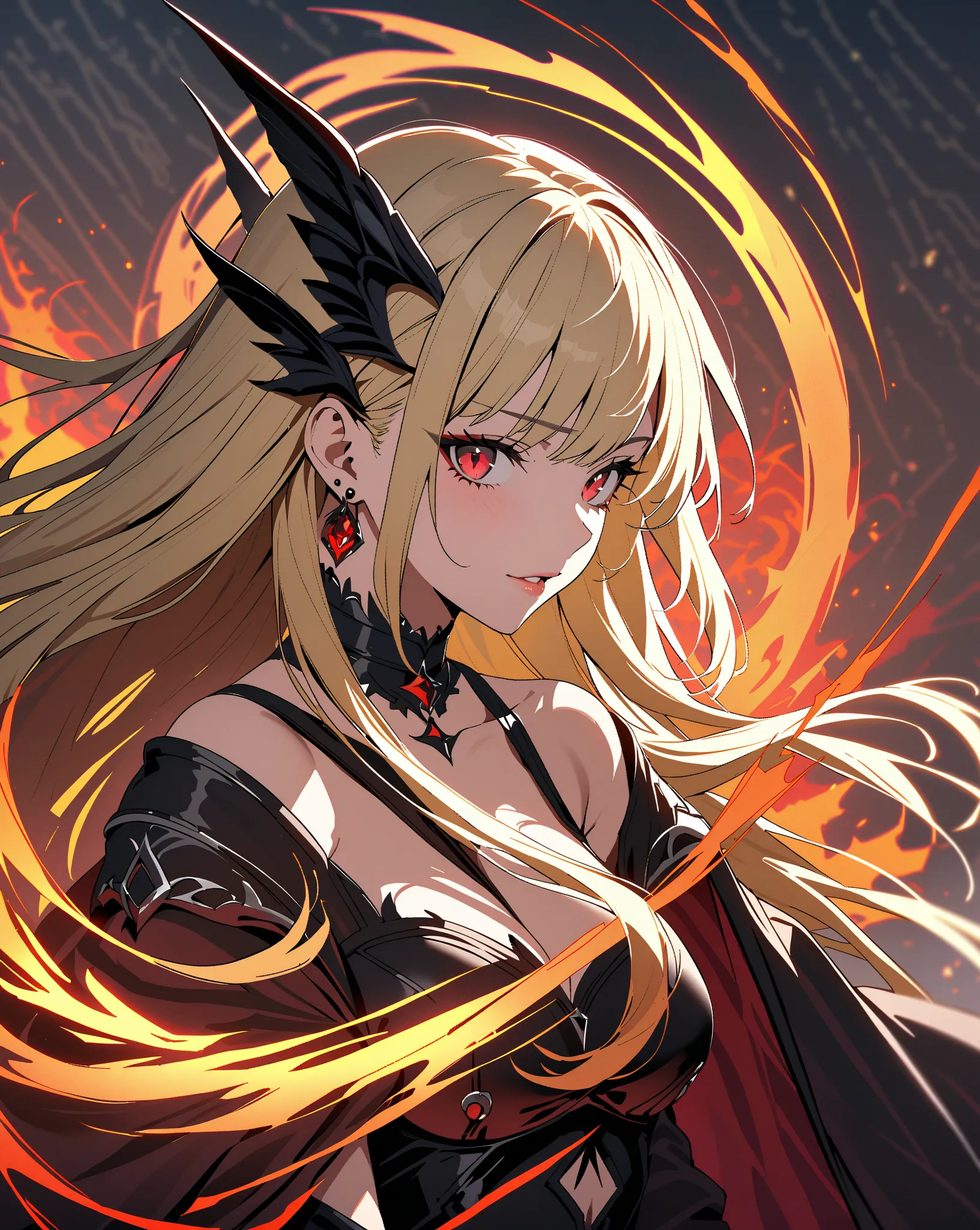 Demon World, Fallen Angel, Spiral of Fire, Ever Darkness, Yatsubasa, Kitagawa Marin,  1girl , blonde hair, long hair, multicolored hair, red eyes, jewelry, earrings, piercing, black choker, masterpiece:1.5, highest quality, UHD, retina, masterpiece, accura...