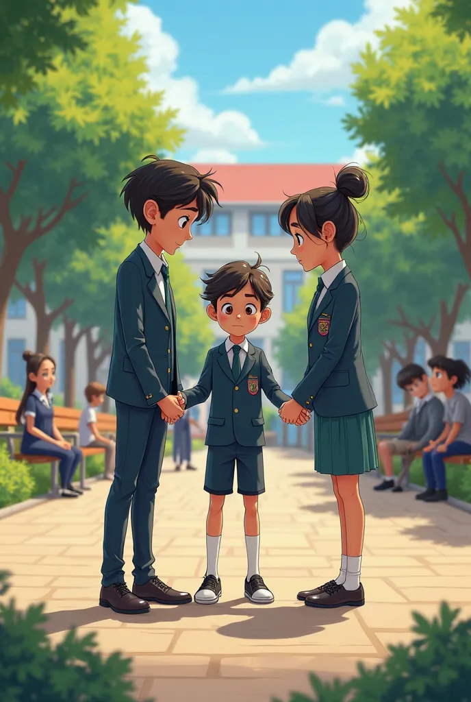   A boy in school uniform is harassing a student and two male students in school uniforms calm them ..  The scene in the school yard is a fictional cartoon film