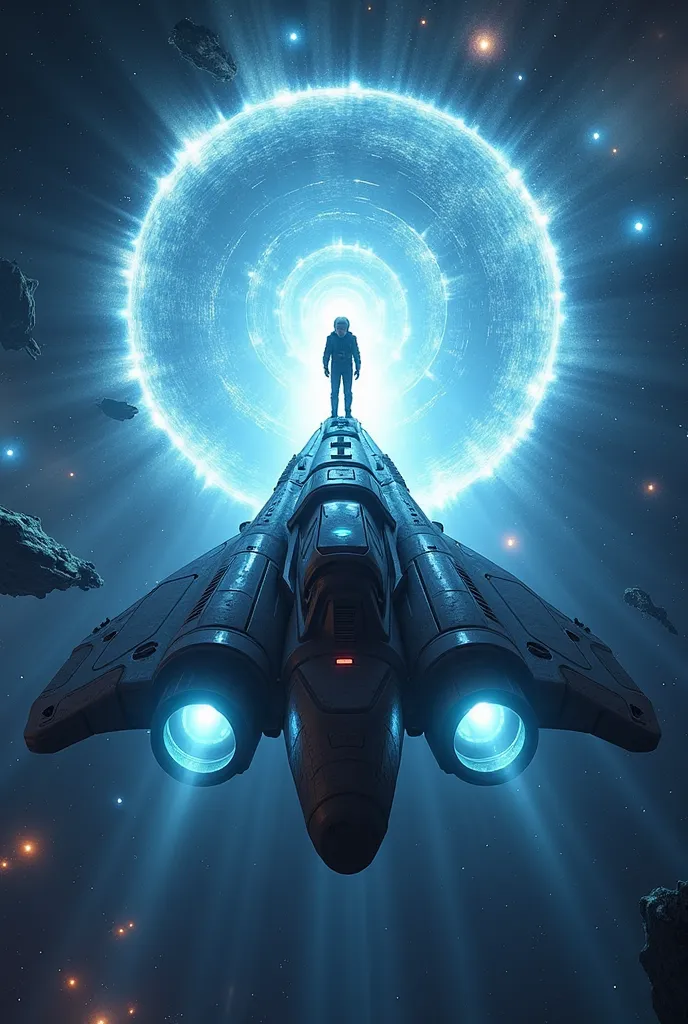 As the spaceship ECHO-7 crosses the event horizon of the interstellar gateway, a surge of radiant blue energy engulfs the craft. The cockpit shakes slightly as the astronaut grips the controls, eyes locked on the swirling vortex of light ahead. Stars stret...