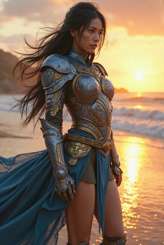 a 22 years old beautiful sweet thai girl, elite ancient thai knight general, (blue and gold women's armor pulsing with magic and energy:1.4), (intricate color capes:1.1),tactical implants ,1girl, beautiful black eyes, beautiful face, straight long black ha...