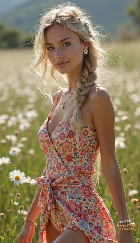 Beautiful woman 25 years old,  light blond wavy braided in a braid, brown eyes with bright makeup,  with a smile on his face,  an earring in her ears , tanned skin, necklace on the neck,  with very large breasts , in a colorful chintz sarophane,  skirt is ...