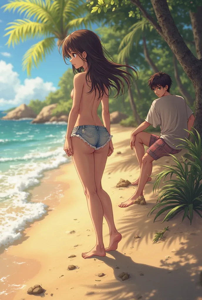 a anime girl on the beach needs to pee but she can’t go to the bathroom so she gets naked but a boy approaches to her and starts sucking her toes and she gets wer