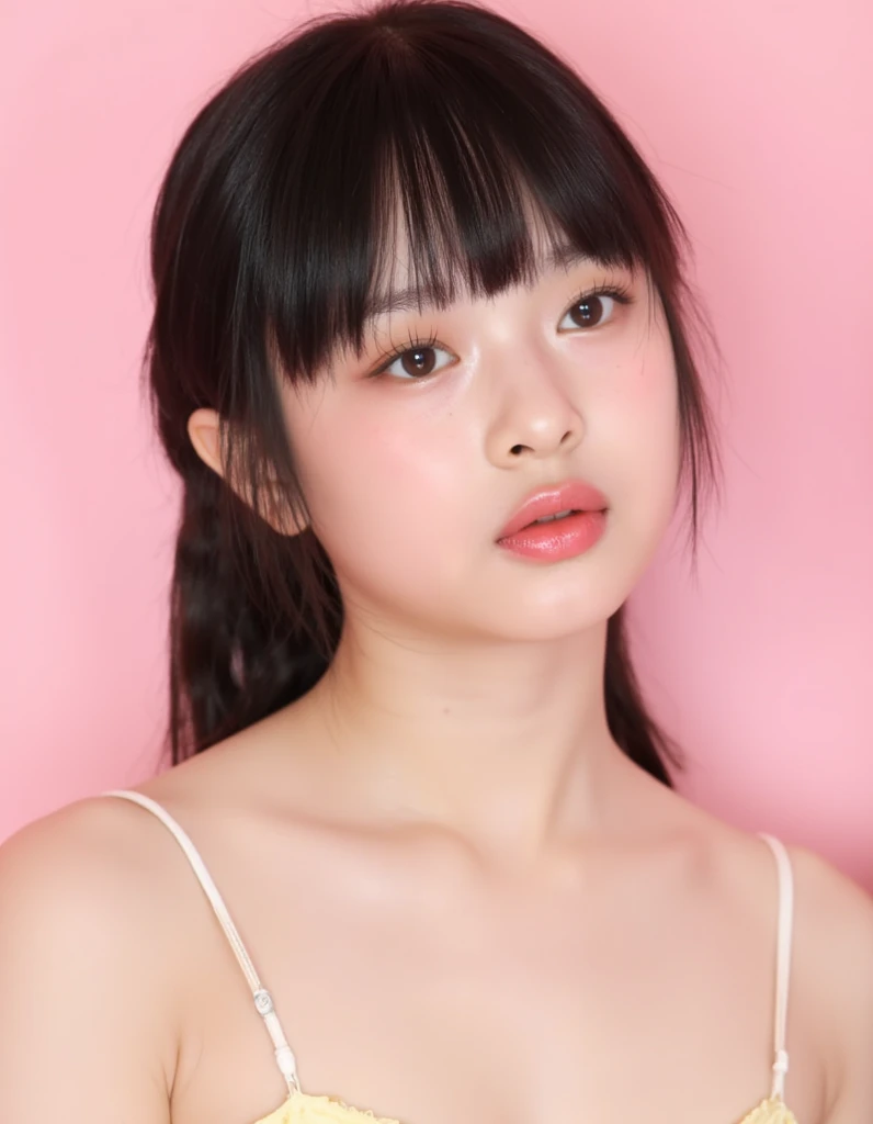 Generates an image of a young woman , Dark-haired and soft ,   The overall mood creates a bright  . , she was born with a bright colored top , gentle pink blush and glossy lips,   fresh and young 々  .  she creates a delicate ,  emphasizes beauty and simpli...