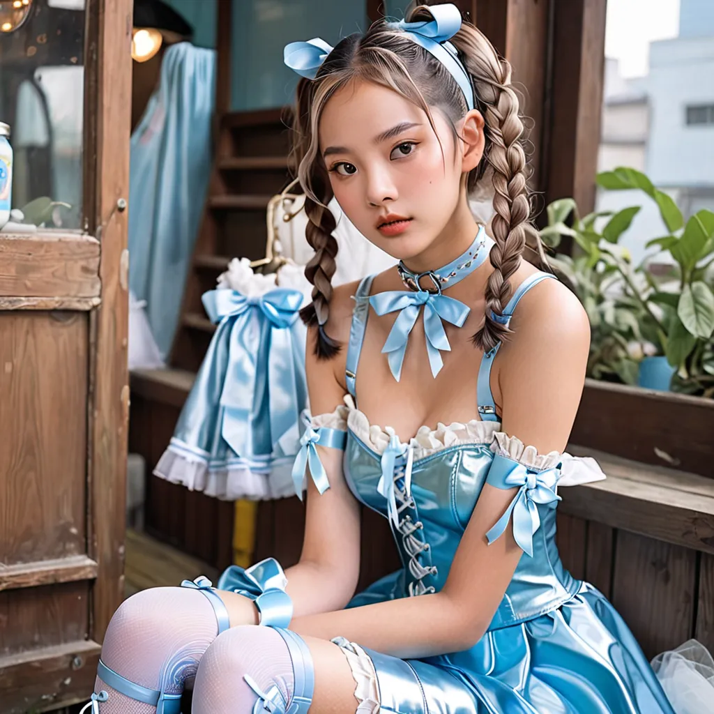 Milk brown and ash hair color、Braided pigtails for curly hair、light blue shiny enamel headband with large ribbon、droopy eyes、pout，choker、light blue shiny enamel bustier、light blue shiny enamel corset、garter belt、 White Knee High Fishnet Tights 、Light blue ...