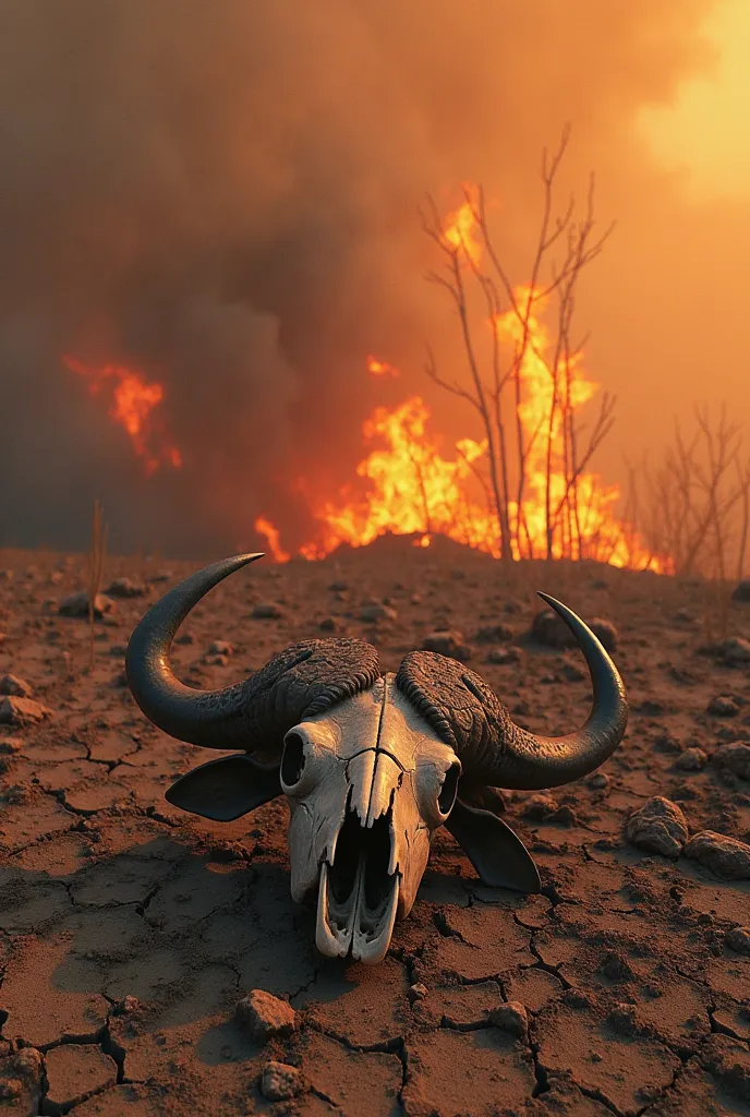 make a picture of a forest fire disaster. vivid picture with animals burned by forest fire. aridity of land due to forest fire. desert, lack of water. cracked land. accompanied by death animal skeleton. skull of a buffalo.