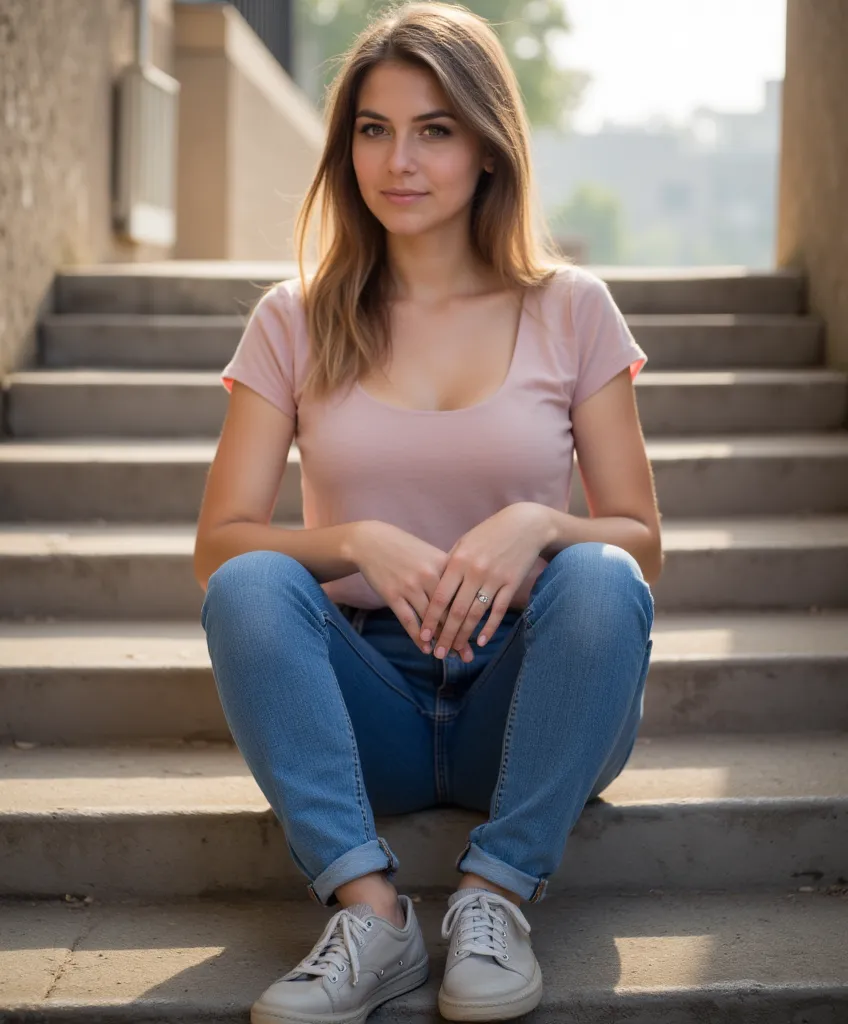 woman sitting on the stairs. Has a pink blouse on. Eine Jeans und Turnschuhe Stil Fotorealistisch,  sharp focus, very detailed, sunlight, Detail , Fotoreal,  full body