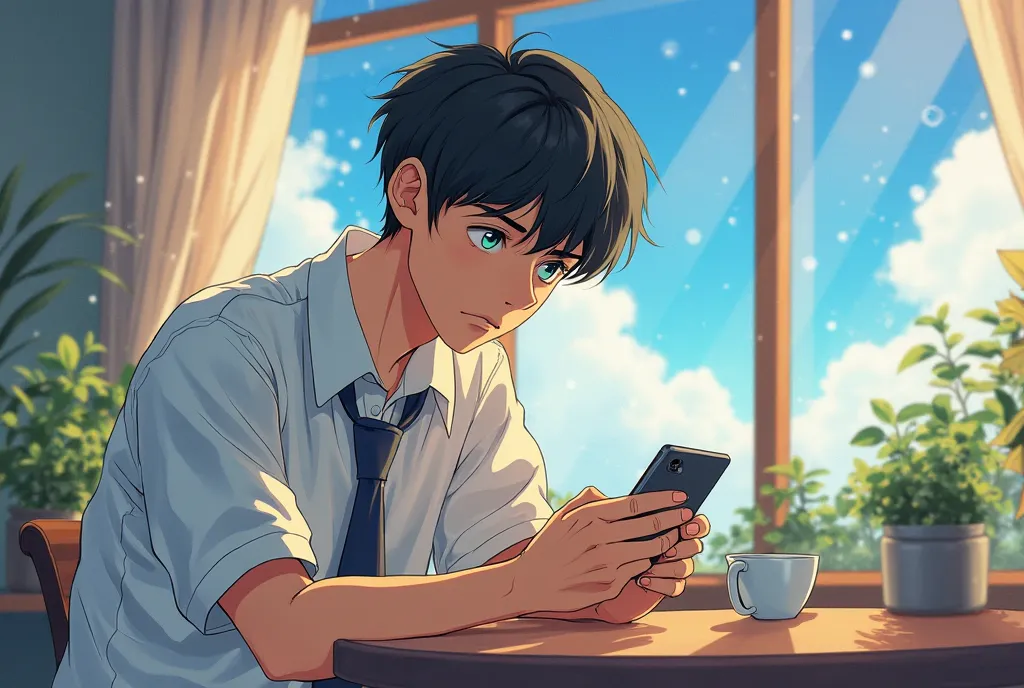 A high school boy is holding a smartphone and looking at it. He is sending a message with a sulky look on his face. He is wearing a uniform. His face looks like he is bothered. It has a warm and romantic atmosphere. The delicate line drawings, expressive e...