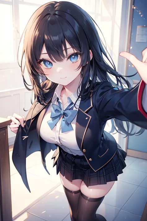 ((masterpiece, best quality, highres, UHD, perfect pixel, depth of field, 4k, RTX, HDR))), 1girl, single, solo, beautiful anime girl, beautiful artstyle, anime character, ((long hair, bangs, black hair)), (blue eyes:1.4, rounded eyes, beautiful eyelashes, ...