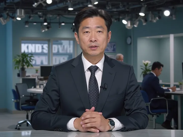 A middle-aged Korean news anchor in his 40s, sitting on a chair and facing forward. He is shown from the waist up, wearing a dark suit, a white dress shirt, and a tie. His hair is neatly styled, and he has a serious and professional expression while delive...