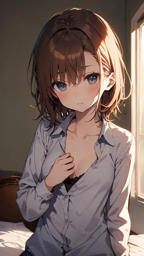 ４ｋ  quality, 最高  quality, Misaka_Mikoto,       frames,      short_hair,          small_  chest,）       on the bed　        very fine and beautiful 　１６age　      Sexy pose with a stiff expression 　 Enchantment