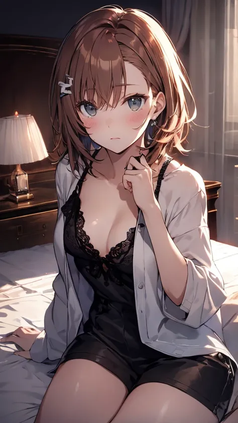 ４ｋ  quality, 最高  quality, Misaka_Mikoto,       frames,      short_hair,          small_  chest,）       on the bed　        very fine and beautiful 　１６age　      Sexy pose with a stiff expression 　 Enchantment