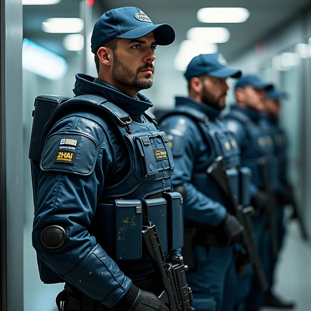 Futuristic senior officers in dark blue ballistic armor (with light scuffs and scratches), cap with an unobtrusive military logo,  short beard and mustache ,  determined look , Conceptual Style (concept art), semi-profile, cinematic lighting, 8k, hyper-rea...