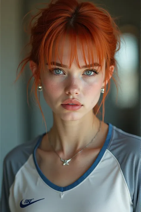 a 100 % realistic,  with red hair blue eyes white skin, one-ear earring ,   with a blurry background and wearing a Nike blouse and a very strong type of gym for profile picture, Very masculine but with an 18-year-old face 