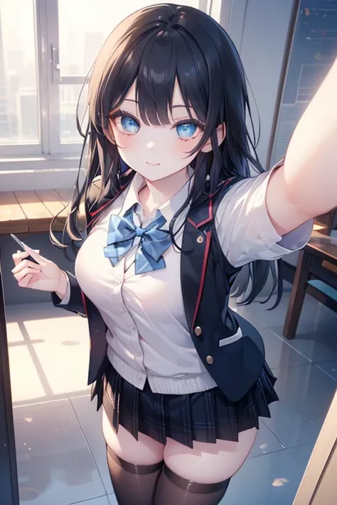 ((masterpiece, best quality, highres, UHD, perfect pixel, depth of field, 4k, RTX, HDR))), 1girl, single, solo, beautiful anime girl, beautiful artstyle, anime character, ((long hair, bangs, black hair)), (blue eyes:1.4, rounded eyes, beautiful eyelashes, ...