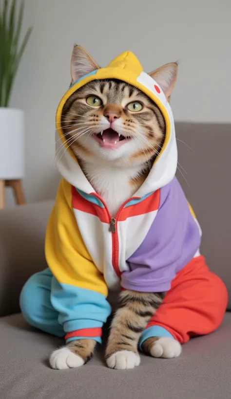 Tabby cat oren pakai baju 1 pieces shirt strisps yellow/white/blue/red/purple,duduk di sofa bermain2happy face, so cute, funny, mulut terbuka sikit