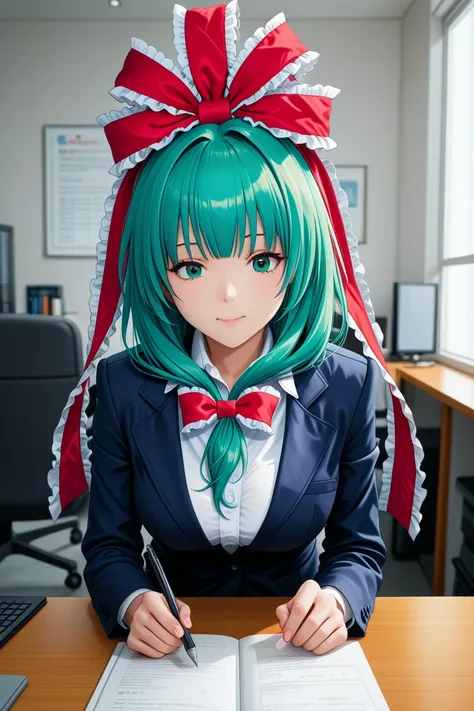 ((Kagiyama Hina))、((suit))、(( businesswoman))、((Hair color is light green))