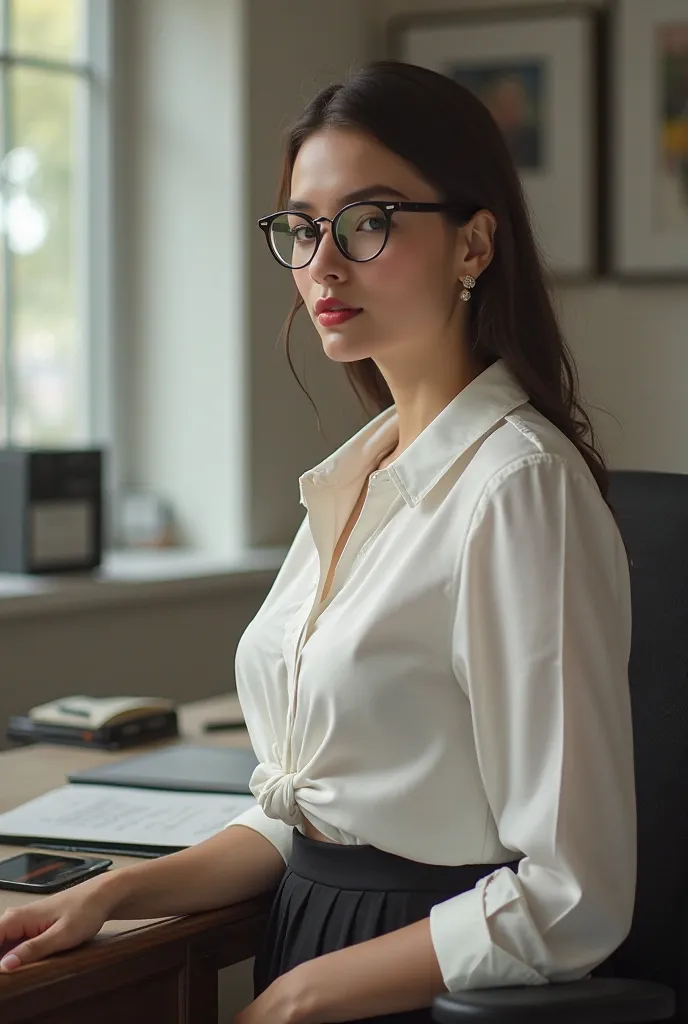 (masterpiece), perfect face, tenuous secretary wearing a skirt, white knotted shirt and black open-toe mules with block heels, glasses, in an office, seen from the side