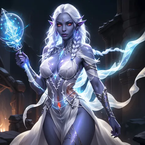 1girl, sexy drow, purple-blue skin, pale silver long elaborate braids, ((glowing-red-eyes)), jewels, elf ears, earrings, ((transparent translucent white silk sorceress sexy dress)), ((wield staff)), ((cast light magic)), on a roof of scyscraper, athletic, ...