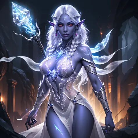 1girl, sexy drow, purple-blue skin, pale silver long elaborate braids, ((glowing-red-eyes)), jewels, elf ears, earrings, ((transparent translucent white silk sorceress sexy dress)), ((wield staff)), ((cast light magic)), on a roof of scyscraper, athletic, ...