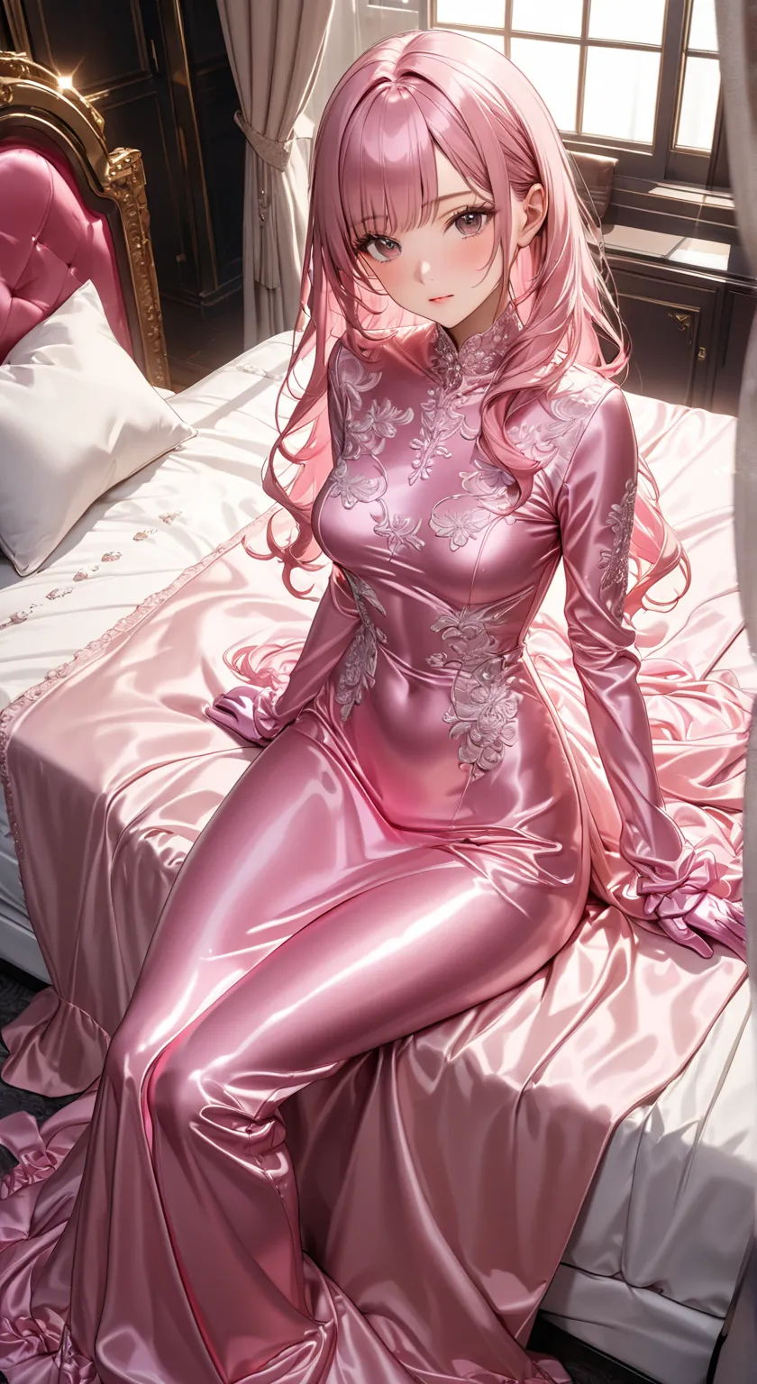 portrait、god々Shining light、front view、( masterpiece,Highest quality, super high definition ),highly detailed CG,Japanese Female,((beautiful face)),((Long sleeve long dress made of shiny pink silk satin))、((The dress has a simple design without embellishmen...