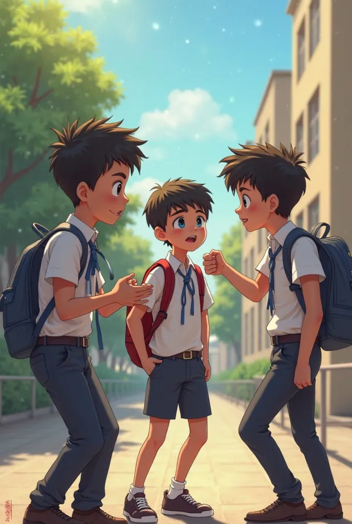   The student of a young boy in school uniform is harassing a student of a young boy wearing school uniforms and two male students in school uniforms calm them ..  The scene in the school yard is a fictional cartoon film