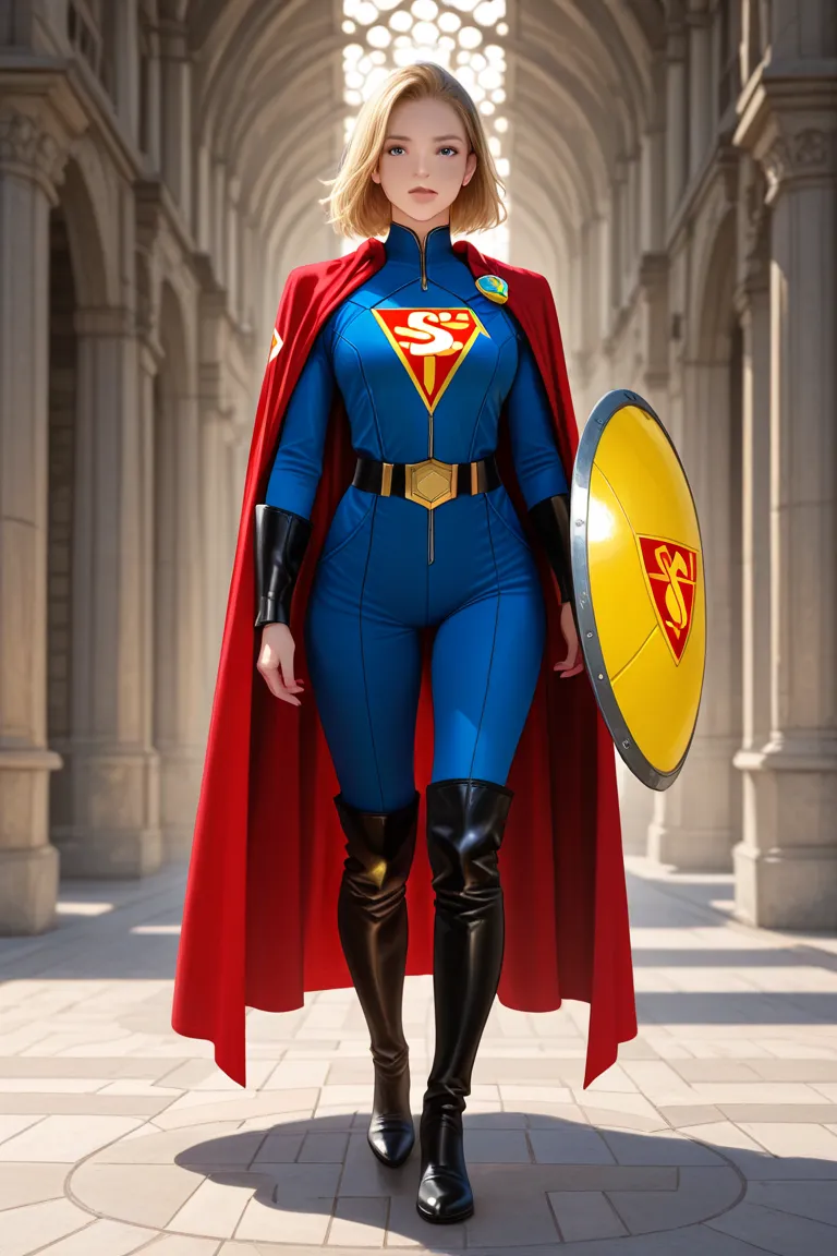 Cg Chinese superwoman wears yellow shield shape on her chest「S」The symbol wears an all red and blue jumpsuit，Long cloak hanging on the back, It&#39;s wearing red over-the-knee boots, Standing full body GG realistic super power special effects.