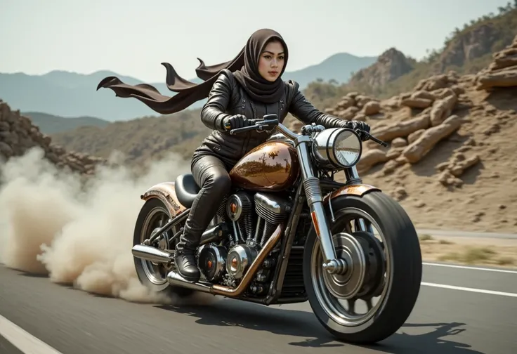 A sleek, a busty plump muscle korean hijab muslimah woman riding futuristic motorcycle depicted in a Dieselpunk Dynamo style, blending Art Deco design with industrial machinery and a gritty, post-apocalyptic aesthetic. Fast motion riding. Use a color palet...