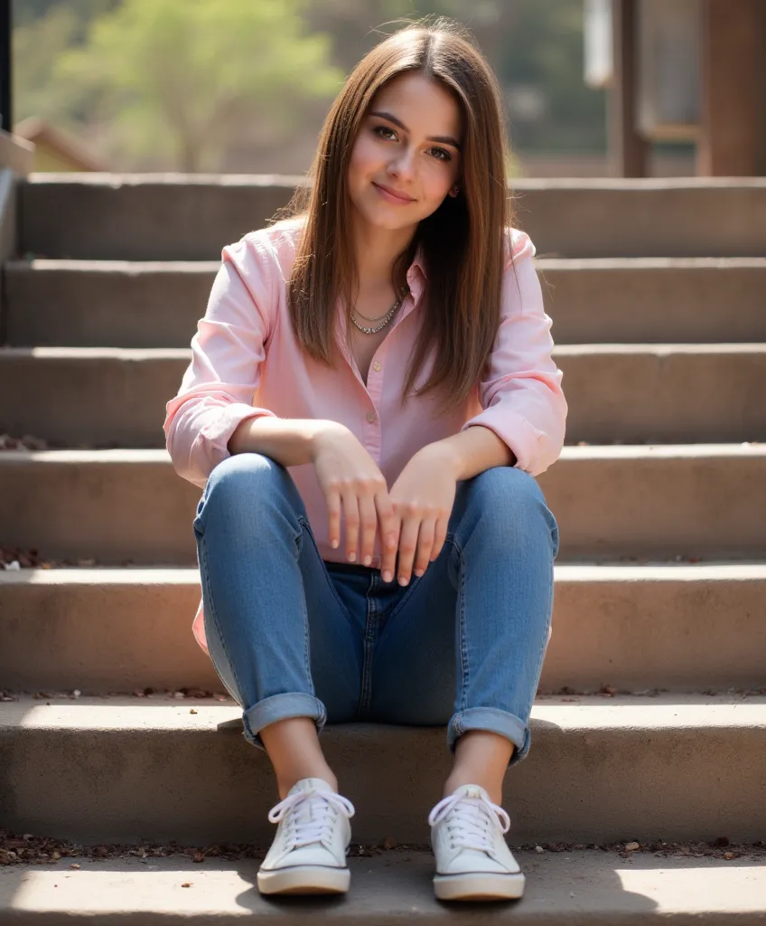 woman sitting on the stairs. Has a pink blouse on. Eine Jeans und Turnschuhe Stil Fotorealistisch,  sharp focus, very detailed, sunlight, Detail , Fotoreal,  full body