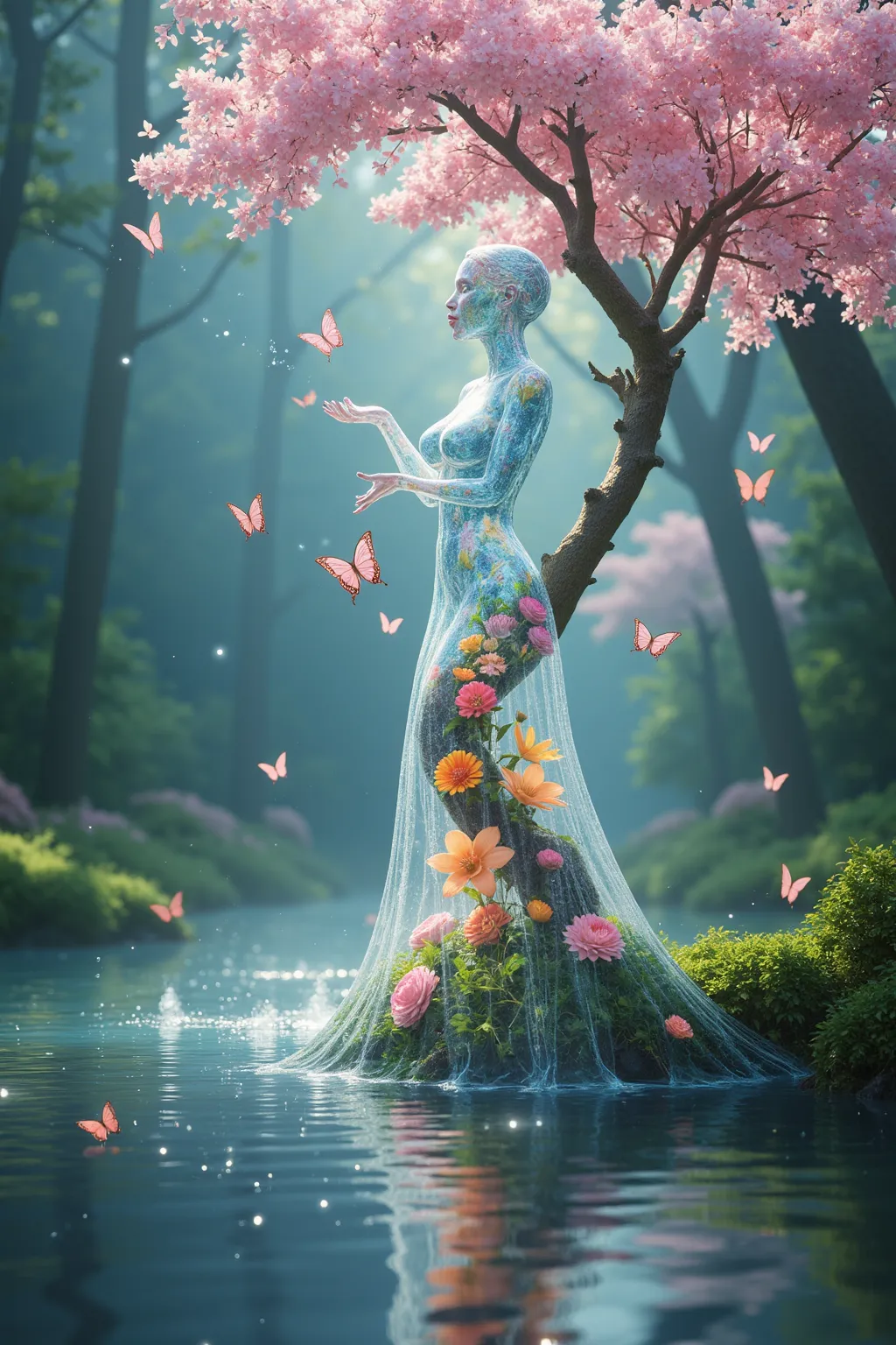 Create a surreal scene featuring a transparent female figure crafted from real glass, elegantly filled with vibrant, blooming flowers. This enchanting figure is gracefully intertwined with a cherry tree, which appears to bloom with ethereal light, casting ...