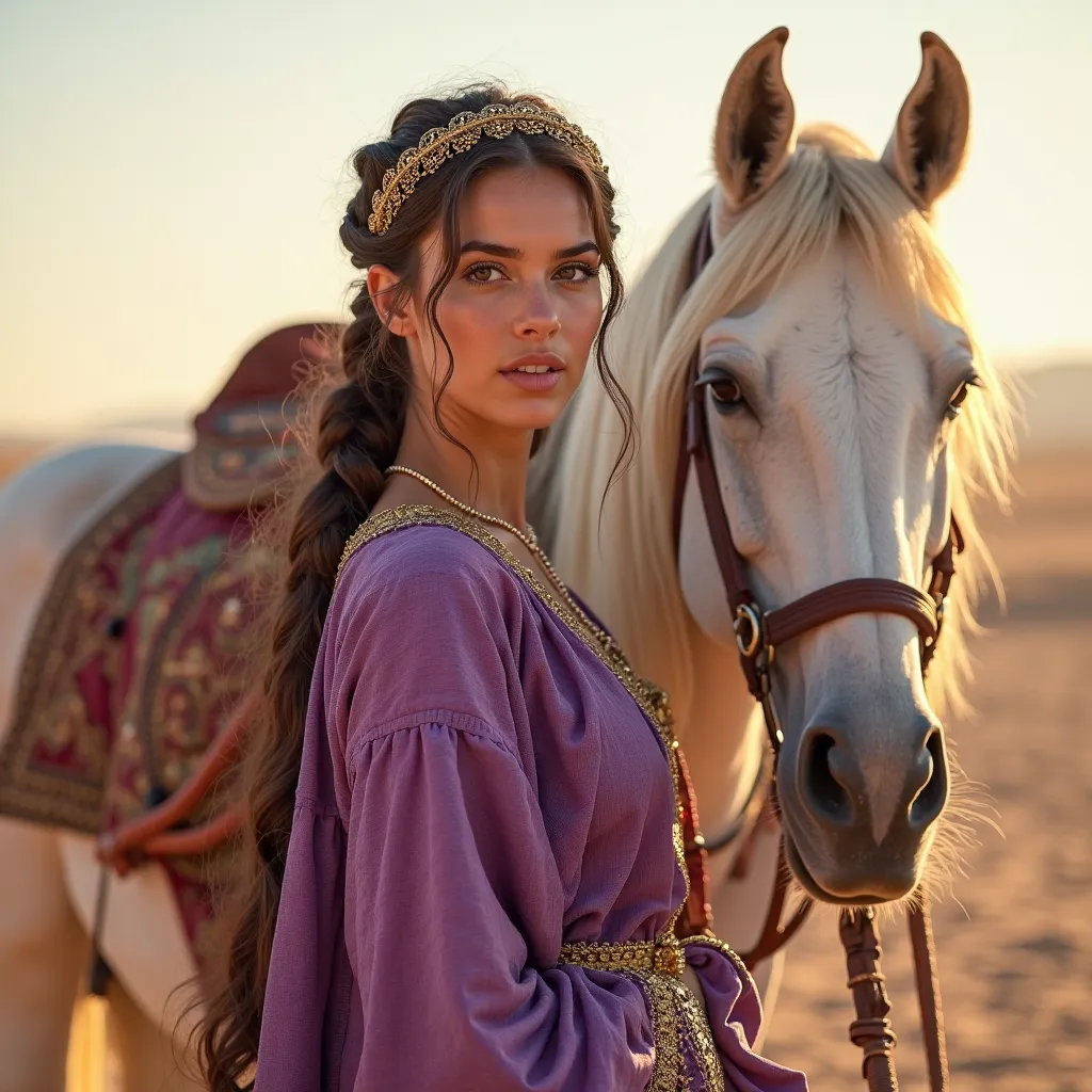 jeune marocaine aux longs cheveux bouclés, vêtue d'un costume traditionnel violette du Maroc, posant avec son grand cheval blanc royal, prise de vue en extérieur, paysage marocain désertique en arrière-plan, lumière naturelle chaude, photographie de haute ...