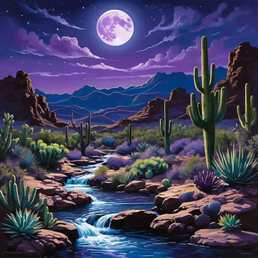 Create a stunning desert night scene painting, illuminated by a luminous full moon. The sky is a mesmerizing blend of purple and blue hues, scattered with delicate white clouds. Silhouetted cacti stand tall amidst rich vegetation, while a gentle stream win...