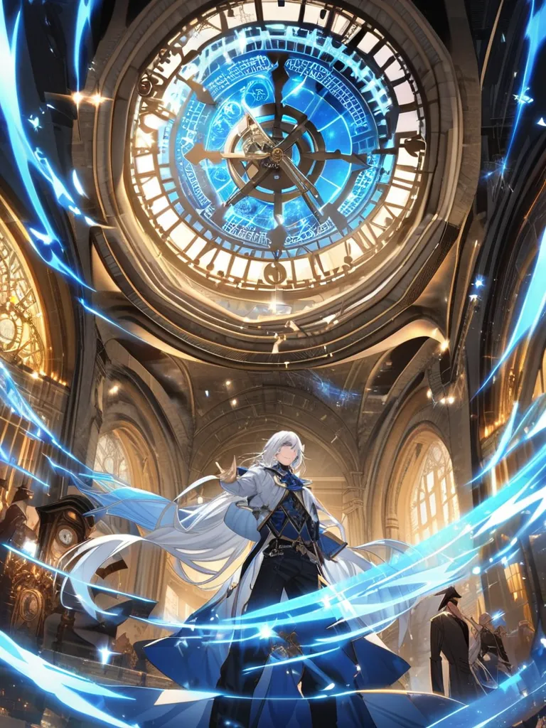 Male Wizard　fantasy　Rise above a large blue magic circle and rise into the sky　long hair　handsome　 Silver Hair　Night square with a view of the clock tower