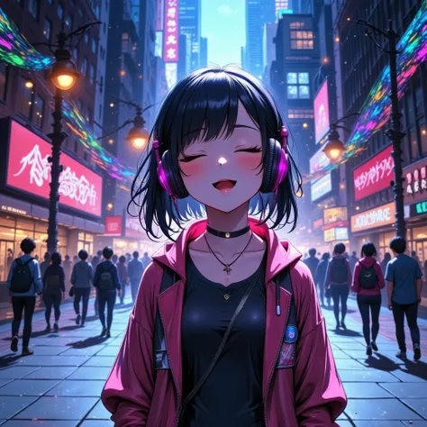 High-detail anime-style illustration of a young musician standing in an open plaza, eyes closed, feeling the rhythm of their heartbeat. Their headphones glow subtly as colorful waves of energy pulse outward, symbolizing the song’s theme of embracing one’s ...