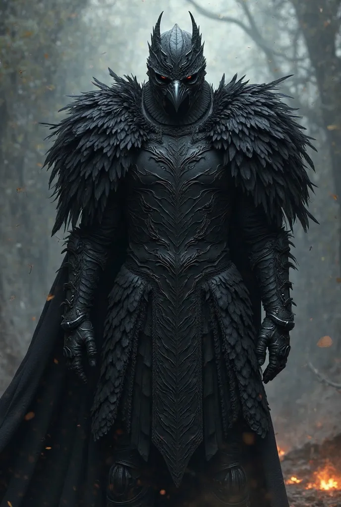 Homme armure noire, courone noire, masque de corbeau, plumes de corbeau autour du coup