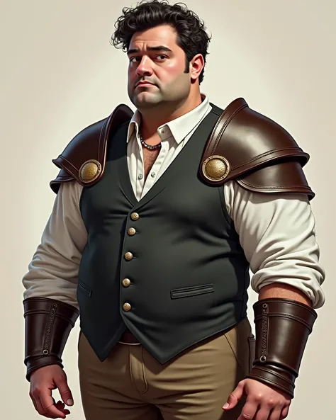 , a half-tall man with pinkish skin, with a plump nose, Dark, curly short hair , spread out ears, is wearing a white blouse over which he is wearing a black vest, brown pants and leather armor on his shoulders with wrists