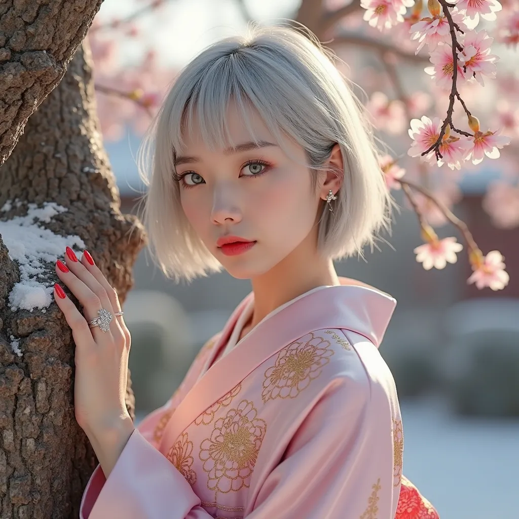 (8k, Photorealistic, Original photo, best image quality: 1.4), Japanese Idol Style Beautiful Girl ,18 years old, model,1 person,(short bob),( Silver Hair), clear gray eyes , longer lashes from si,(piercings( small,pearl)),(lip gloss),lips(Plump,glossy), cl...