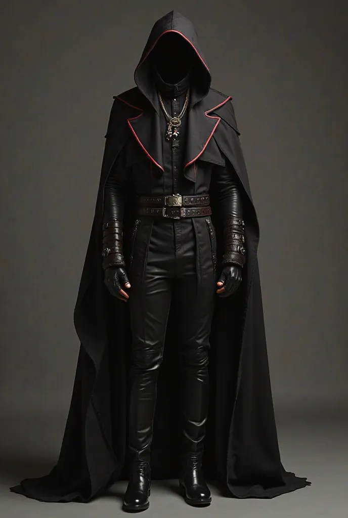 Long black cloak with decorative red stripes. It looks similar to the costume of a killer or warrior in a fantasy world.

Turtleneck inside that adds mystery and a formal look

Black leather pants with a belt with reinforced straps make the look more fight...