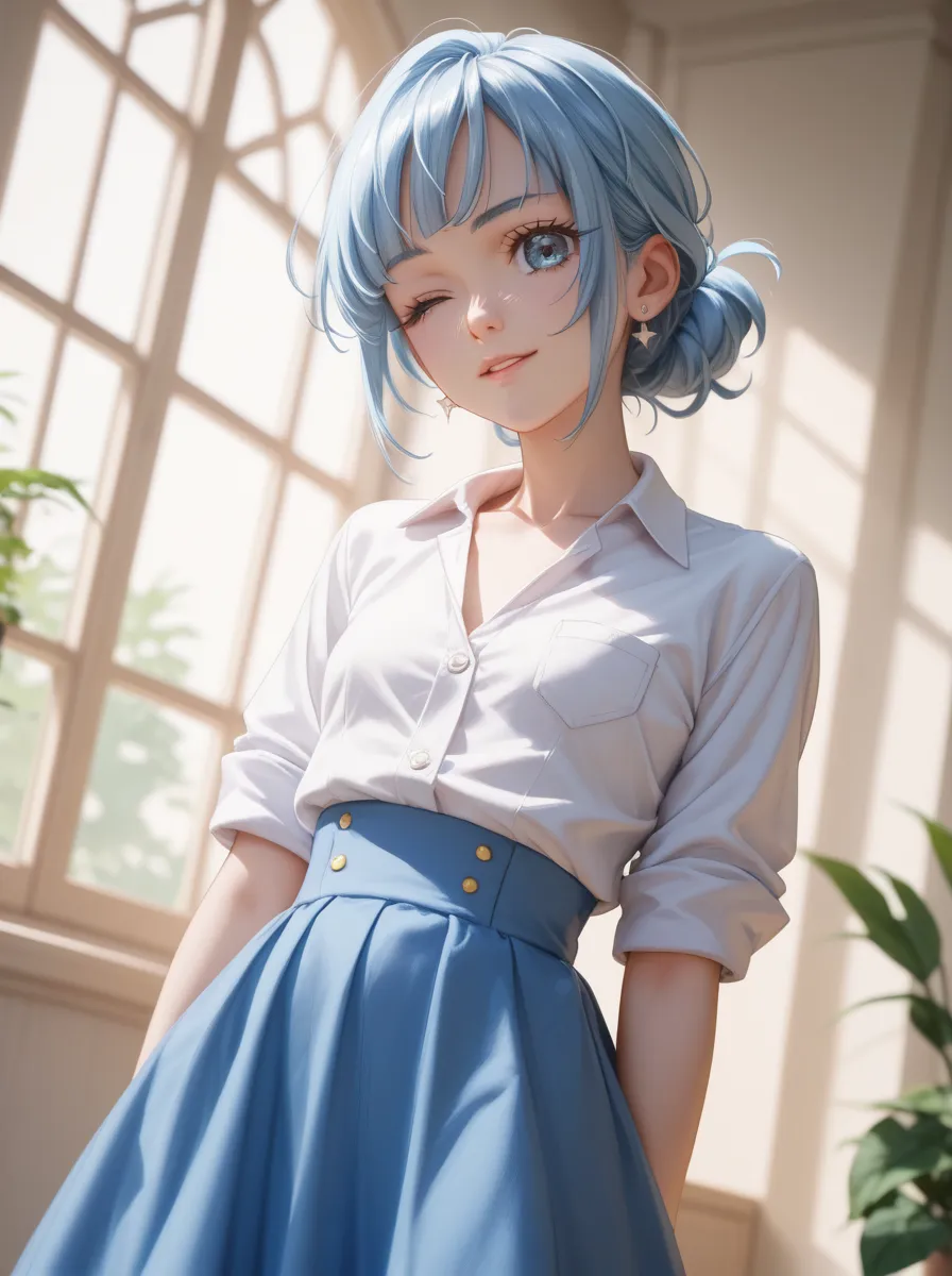 core_9, score_8_ up, score_7_ up,　 masterpiece、cure wink,　light blue hair tied at the top、 one girl、ish、small breasts、anime、 Friendly Smiles、 Wide angle photo of a beautiful young girl、 Her skirt is being rolled up 