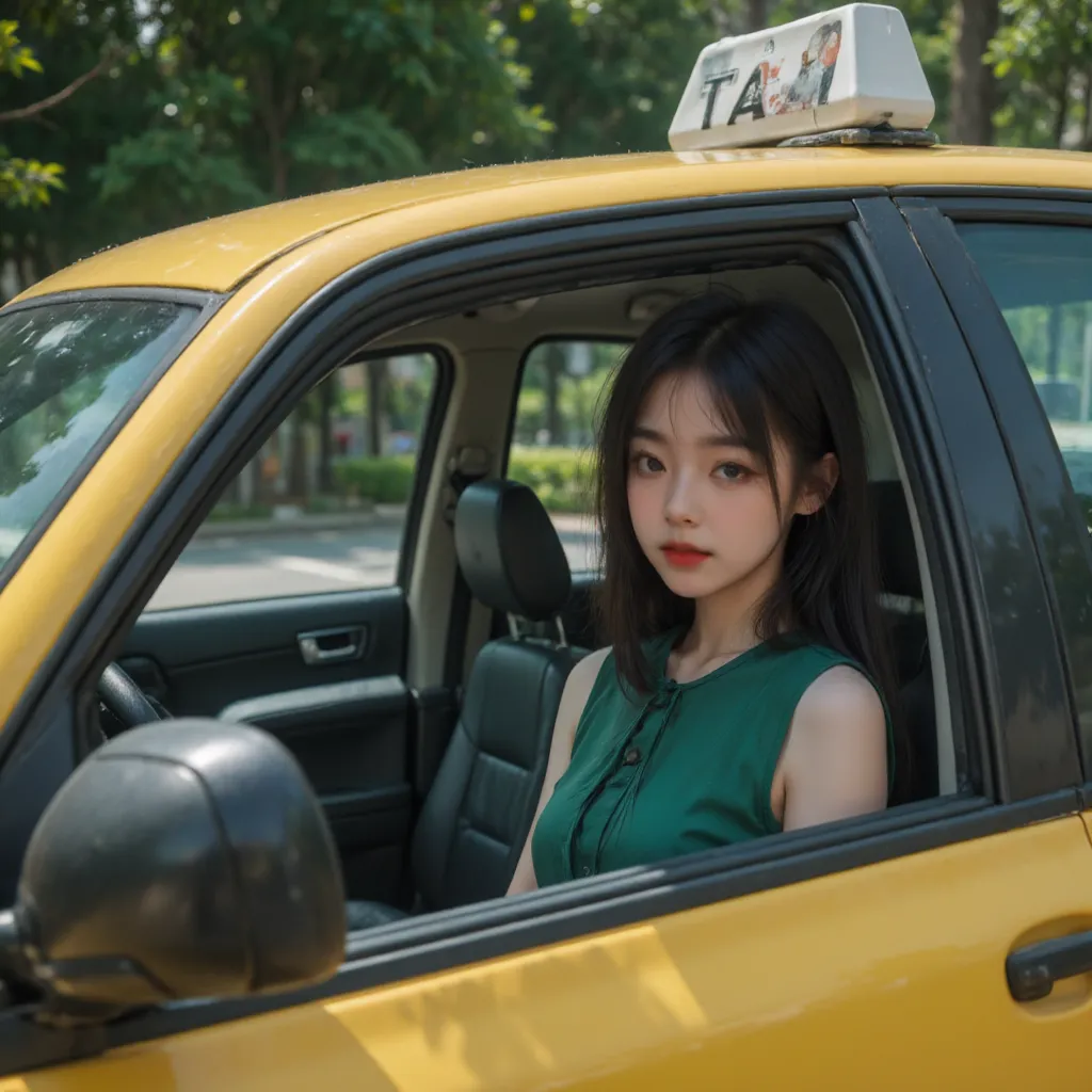 live-action、Car with a woman sitting in the driver's seat, Taxi Meter Yellow Green Toyota Corolla Altis, 2004, Taxi sign on the roof of the car, Painted leather seat, Girl in Taxi, scene from Thai horror movie, Abandoned school、when the taxi she was drivin...