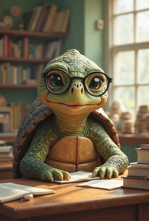 young teacher with a tortoise head wearing spectacles