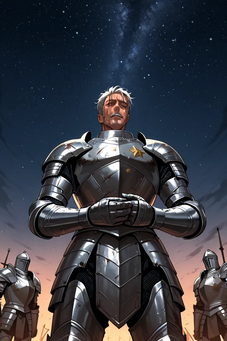  healthy man , knight, iron armor,  bottom view , in the hands of an ax, night sky background , beautiful stars , many stars, injured , On the face scar, very tired face, lots of abrasions, dirty armor, worn armor, after a battle , injured , the face is ve...