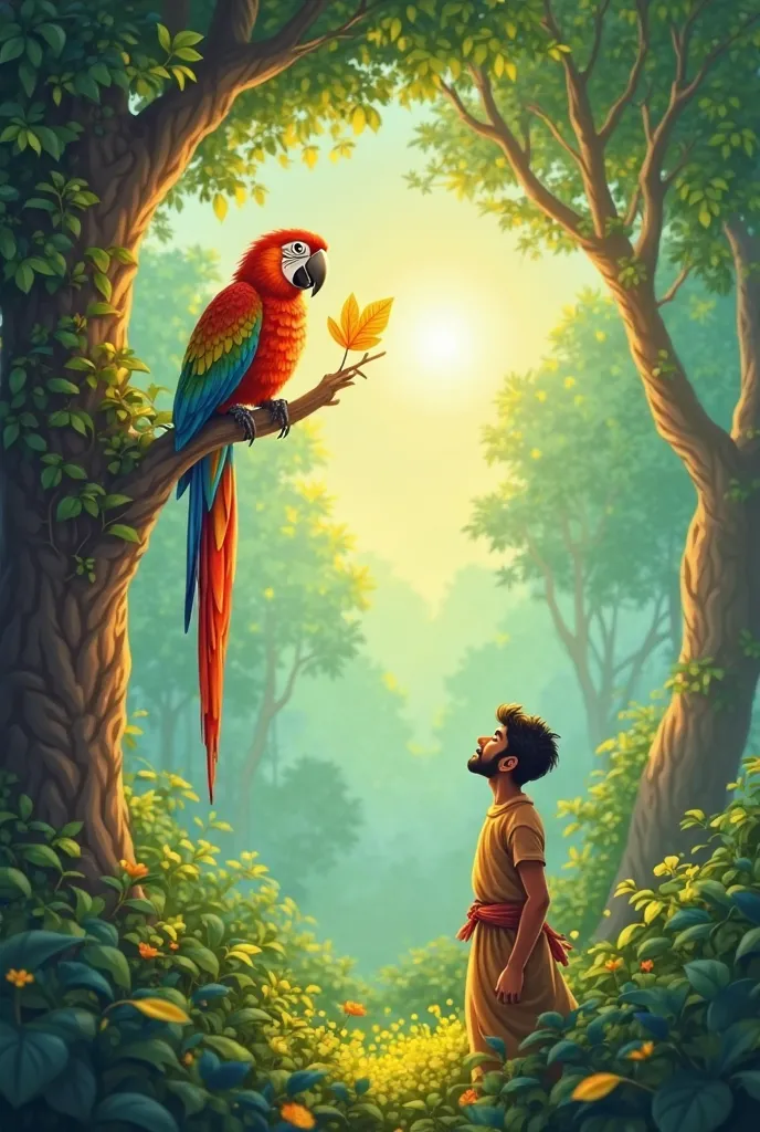 

"A vibrant and enchanting digital illustration of a lush green forest with a magical atmosphere. In the center, a beautifully colored parrot named Chirku sits on a tree branch, holding a glowing, golden leaf in its beak. Below, a poor farmer (Raghu) in s...