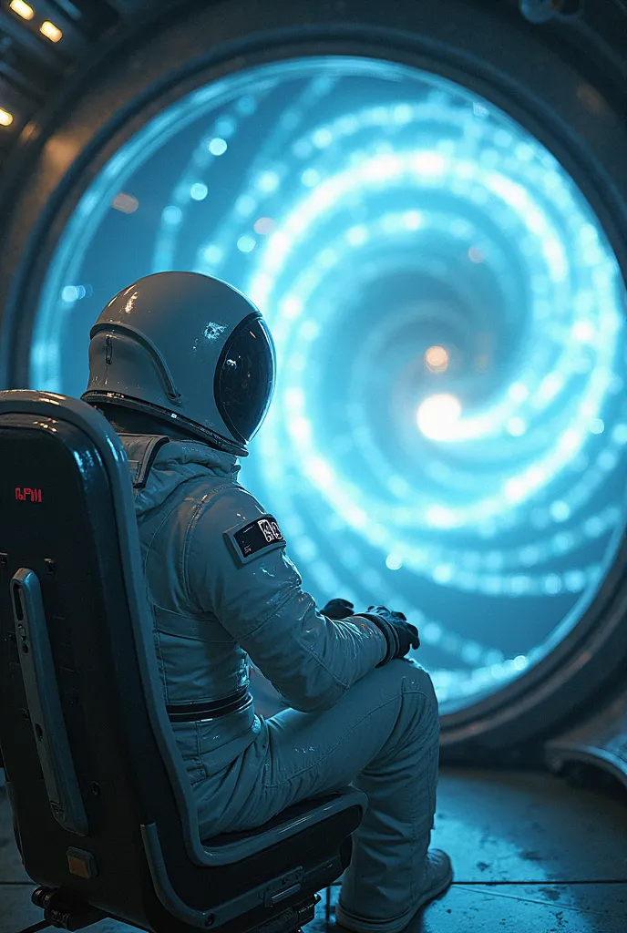 Inside the glass cockpit of ECHO-7, the astronaut—wearing the same sleek white suit and helmet from before—stares ahead as the glowing blue portal expands. The ship vibrates as it reaches the edge of the event horizon, and the HUD flickers with system reca...