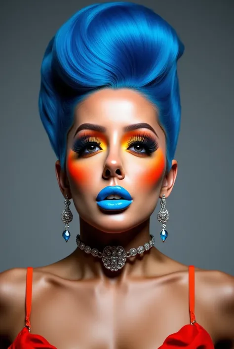 incredibly long and voluminous eyelash extensions, Bright orange makeup,  blue hair ,  diamond earrings  , collar, blue lips,  kiss, Pompadour, 