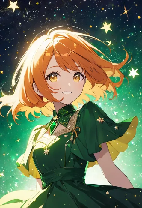   Adult Female,  short orange hair and yellow eyes、 face up、Fearless Smile、underexposed European dress、emerald starry background